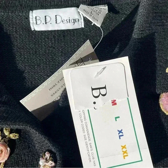 BP Design Cardigan Black Christmas Stockings Design Bead Collared Buttons Size L - Picture 3 of 12